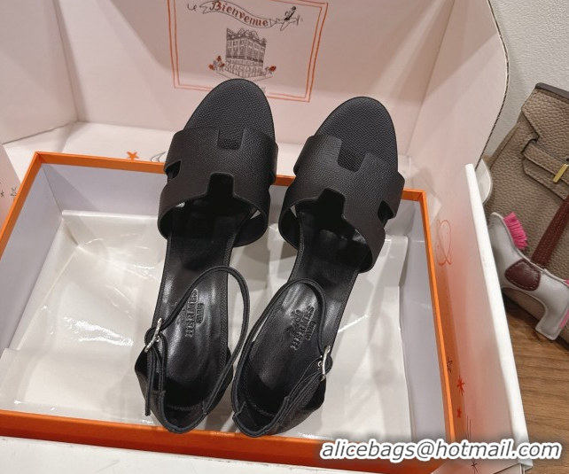 New Design Hermes Legend Wedge Sandals 7cm in Grained Calfskin Black 0820137