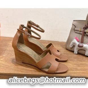 Buy Luxury Hermes Legend Wedge Sandals 7cm in Grained Calfskin Brown 0820138