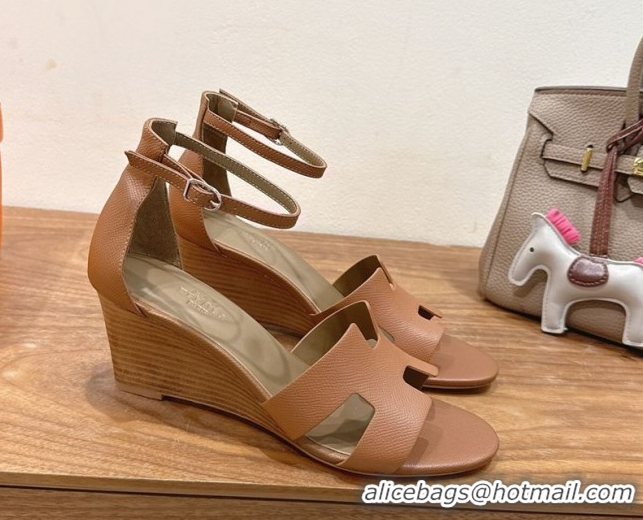 Buy Luxury Hermes Legend Wedge Sandals 7cm in Grained Calfskin Brown 0820138