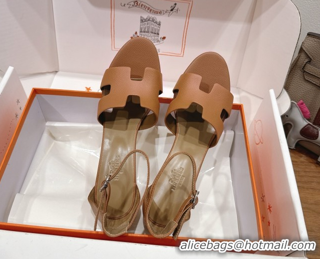 Buy Luxury Hermes Legend Wedge Sandals 7cm in Grained Calfskin Brown 0820138