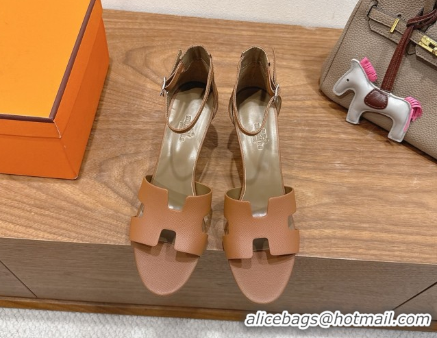 Buy Luxury Hermes Legend Wedge Sandals 7cm in Grained Calfskin Brown 0820138