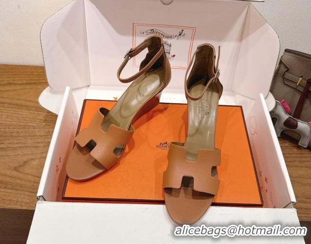 Buy Luxury Hermes Legend Wedge Sandals 7cm in Grained Calfskin Brown 0820138