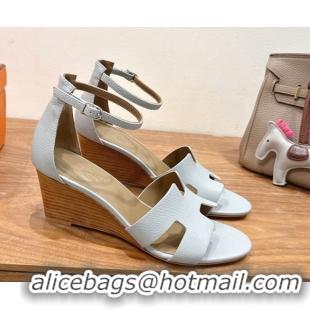 Shop Hermes Legend Wedge Sandals 7cm in Grained Calfskin Grey 0820139