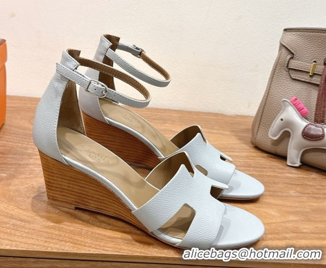 Shop Hermes Legend Wedge Sandals 7cm in Grained Calfskin Grey 0820139
