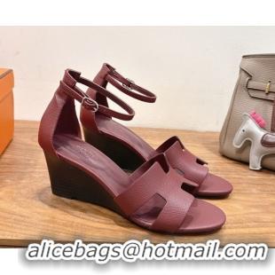 Durable Hermes Legend Wedge Sandals 7cm in Grained Calfskin Burgundy 0820140