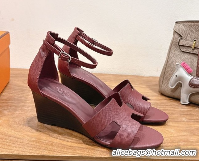 Durable Hermes Legend Wedge Sandals 7cm in Grained Calfskin Burgundy 0820140