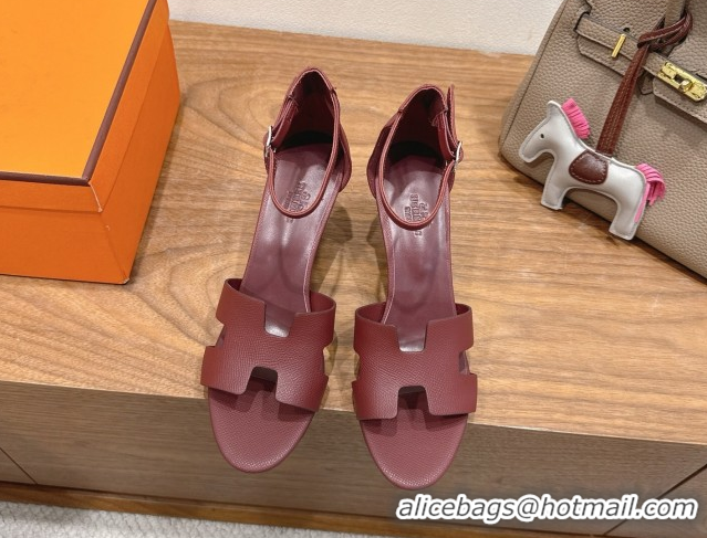 Durable Hermes Legend Wedge Sandals 7cm in Grained Calfskin Burgundy 0820140