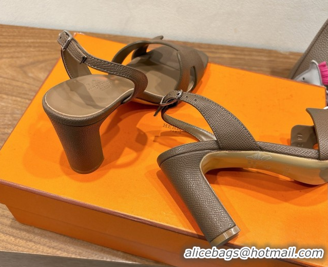Custom Hermes Eremite Heel Sandals 8cm in Grained Leather Elephant H02275 0820142