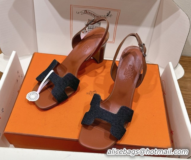 Best Luxury Hermes Eremite Heel Sandals 8cm in Denim Dark Blue H02275 0820144