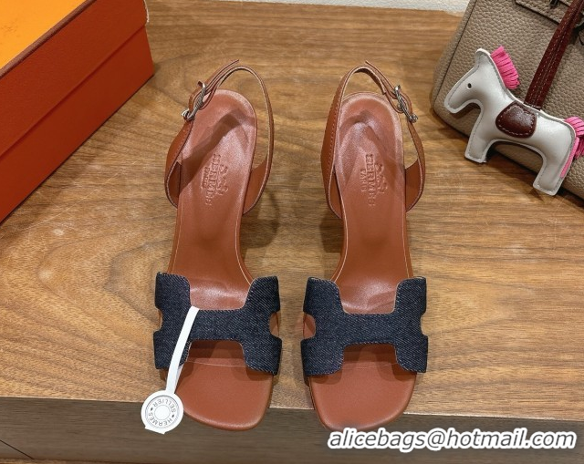 Best Luxury Hermes Eremite Heel Sandals 8cm in Denim Dark Blue H02275 0820144