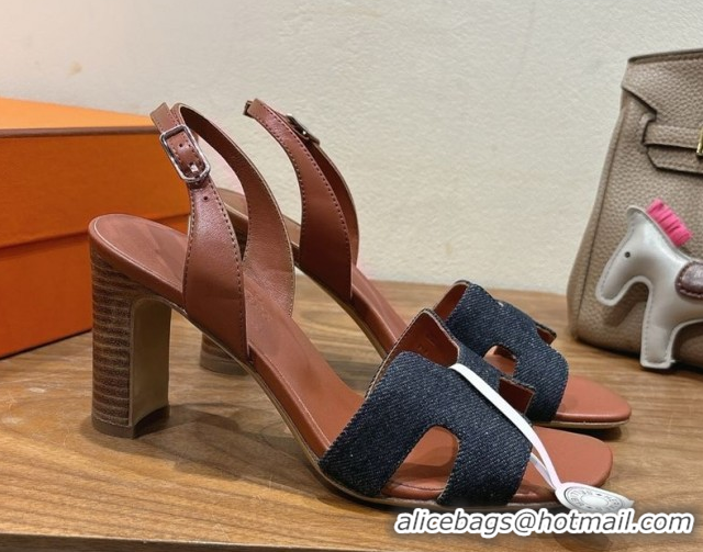 Best Luxury Hermes Eremite Heel Sandals 8cm in Denim Dark Blue H02275 0820144