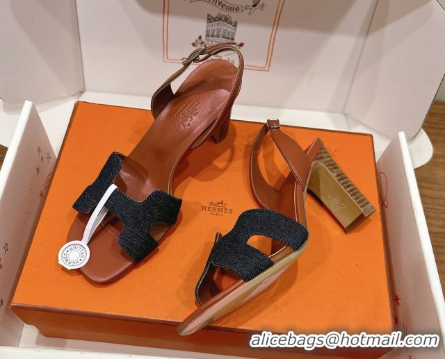 Best Luxury Hermes Eremite Heel Sandals 8cm in Denim Dark Blue H02275 0820144
