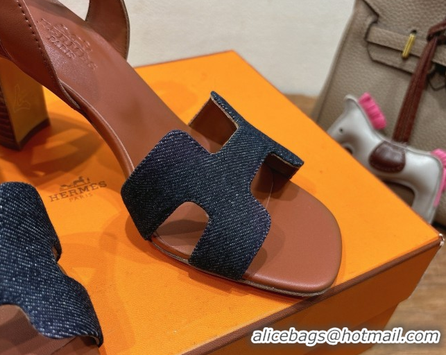 Best Luxury Hermes Eremite Heel Sandals 8cm in Denim Dark Blue H02275 0820144