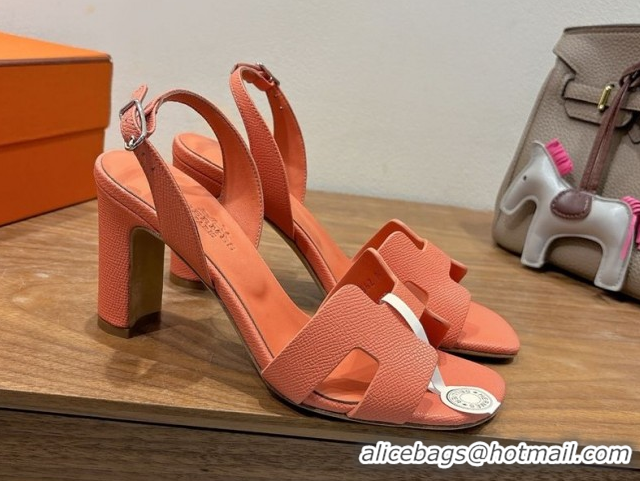 Good Product Hermes Eremite Heel Sandals 8cm in Grained Leather Light Orange H02275 0820146