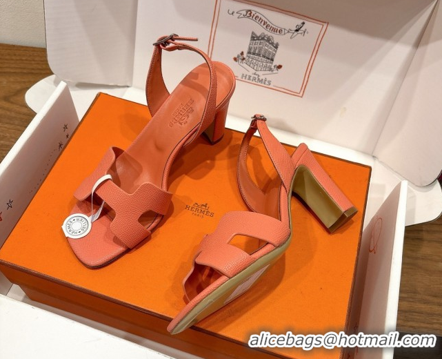 Good Product Hermes Eremite Heel Sandals 8cm in Grained Leather Light Orange H02275 0820146