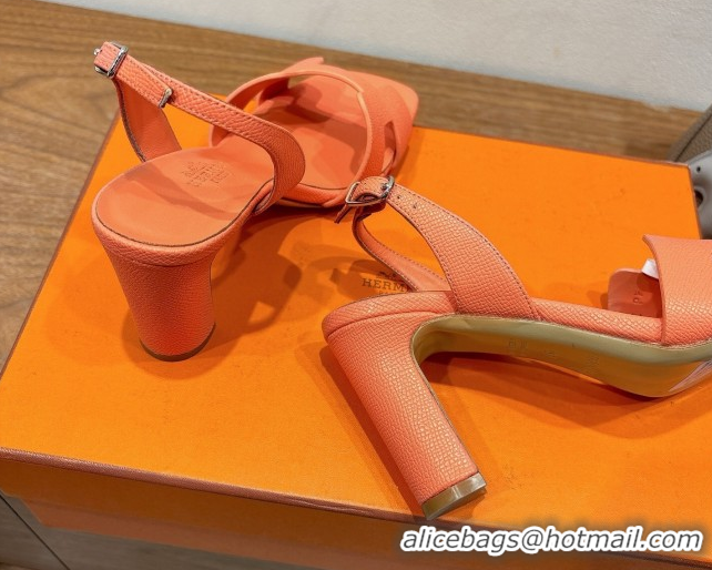 Good Product Hermes Eremite Heel Sandals 8cm in Grained Leather Light Orange H02275 0820146