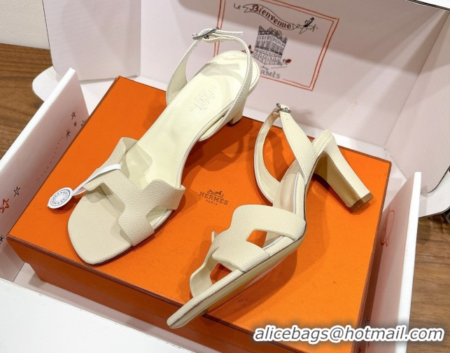 Feminine Hermes Eremite Heel Sandals 8cm in Grained Leather Ivory H02275 0820145