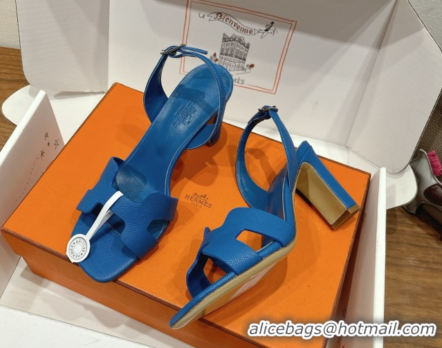 Perfect Hermes Eremite Heel Sandals 8cm in Grained Leather Navy Blue H02275 0820148