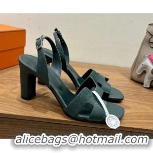 Promotion Hermes Eremite Heel Sandals 8cm in Grained Leather Dark Green 0820150