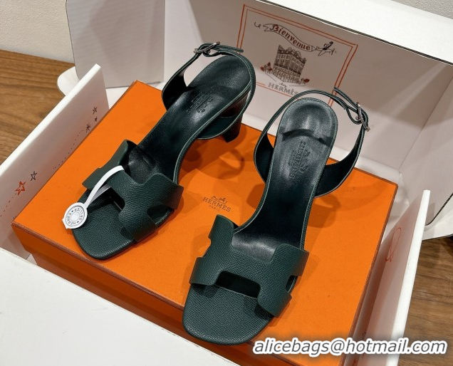 Promotion Hermes Eremite Heel Sandals 8cm in Grained Leather Dark Green 0820150