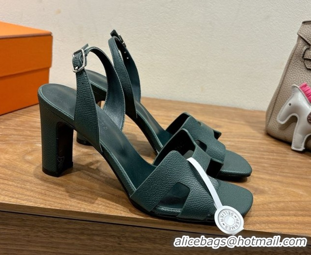Promotion Hermes Eremite Heel Sandals 8cm in Grained Leather Dark Green 0820150