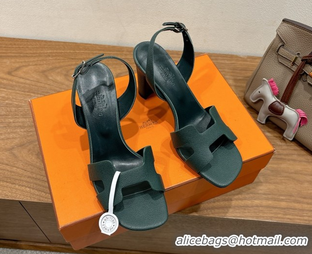 Promotion Hermes Eremite Heel Sandals 8cm in Grained Leather Dark Green 0820150