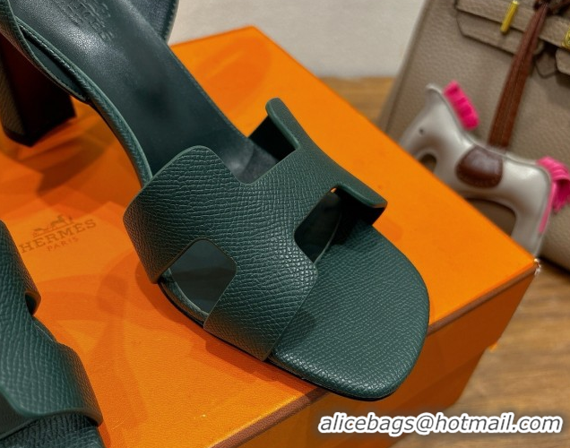 Promotion Hermes Eremite Heel Sandals 8cm in Grained Leather Dark Green 0820150