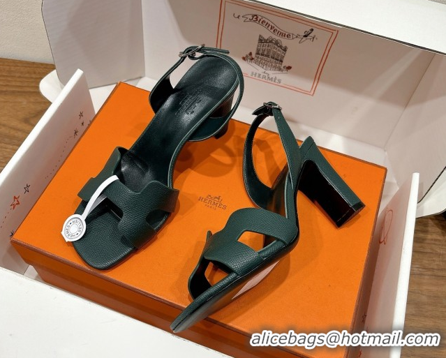 Promotion Hermes Eremite Heel Sandals 8cm in Grained Leather Dark Green 0820150