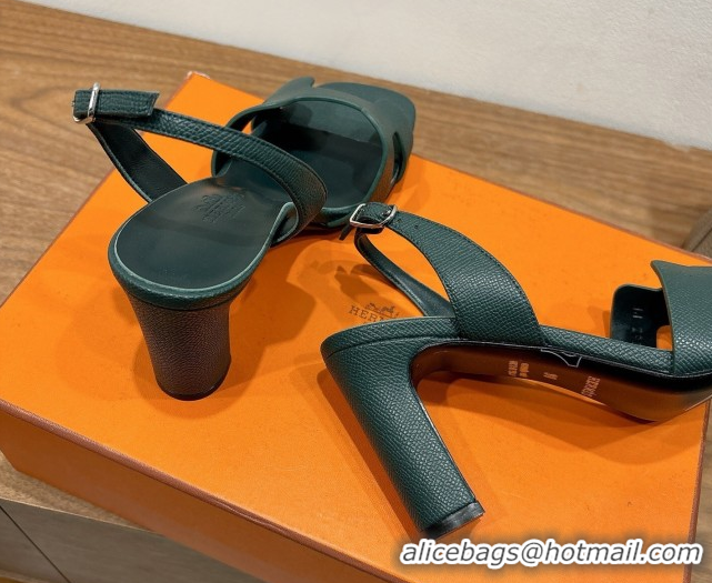 Promotion Hermes Eremite Heel Sandals 8cm in Grained Leather Dark Green 0820150