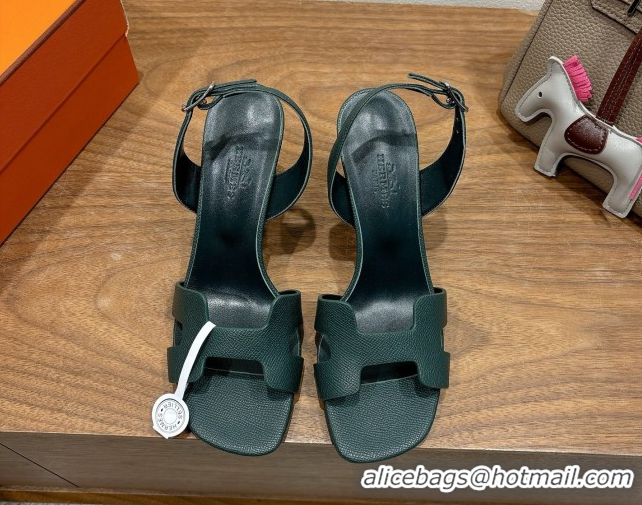 Promotion Hermes Eremite Heel Sandals 8cm in Grained Leather Dark Green 0820150