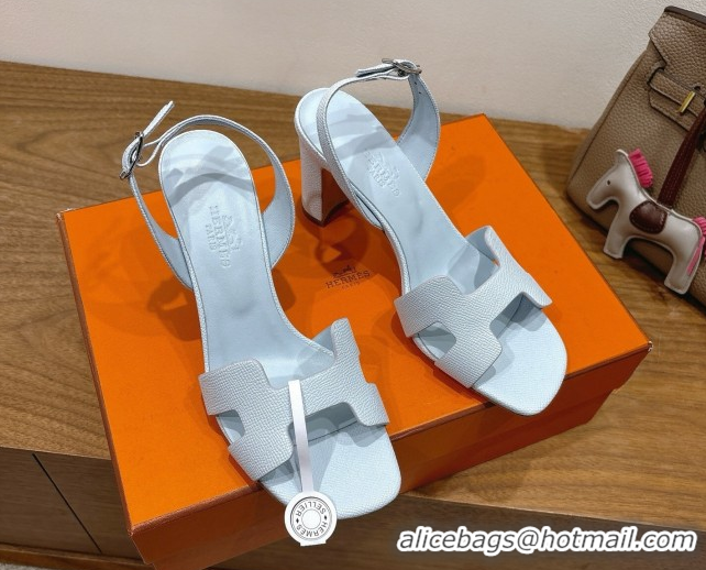 Design Cheap Hermes Eremite Heel Sandals 8cm in Grained Leather Pale Blue H02275 0820152
