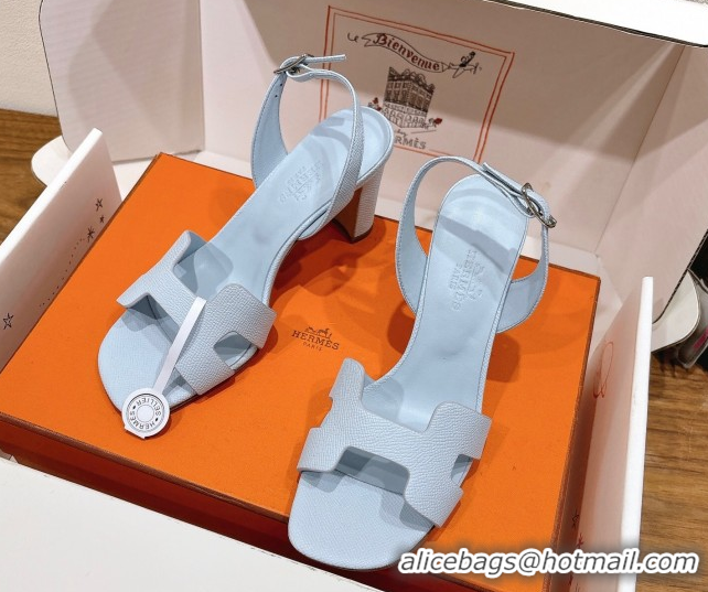 Design Cheap Hermes Eremite Heel Sandals 8cm in Grained Leather Pale Blue H02275 0820152