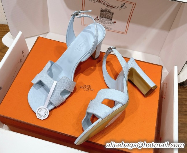 Design Cheap Hermes Eremite Heel Sandals 8cm in Grained Leather Pale Blue H02275 0820152