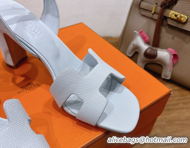 Design Cheap Hermes Eremite Heel Sandals 8cm in Grained Leather Pale Blue H02275 0820152