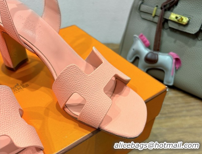 Grade Hermes Eremite Heel Sandals 8cm in Grained Leather Peach Pink H02275 0820154