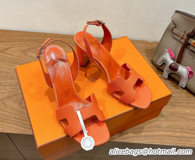 Good Taste Hermes Eremite Heel Sandals 8cm in Grained Leather Orange2 H02275 0820155
