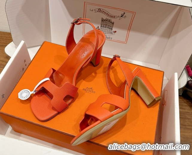 Good Taste Hermes Eremite Heel Sandals 8cm in Grained Leather Orange2 H02275 0820155