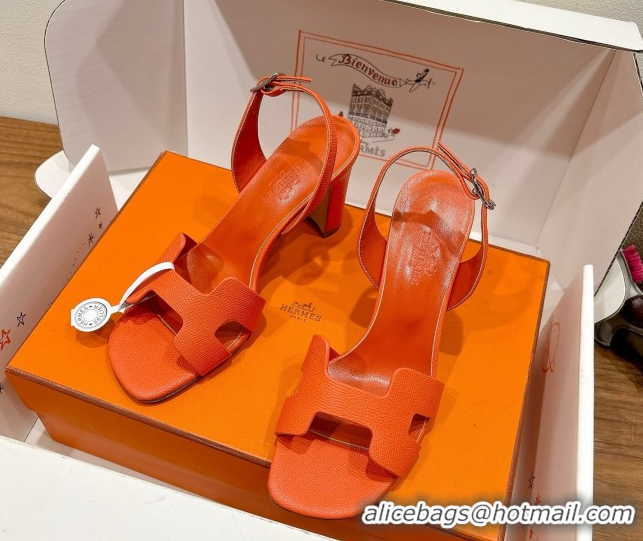Good Taste Hermes Eremite Heel Sandals 8cm in Grained Leather Orange2 H02275 0820155