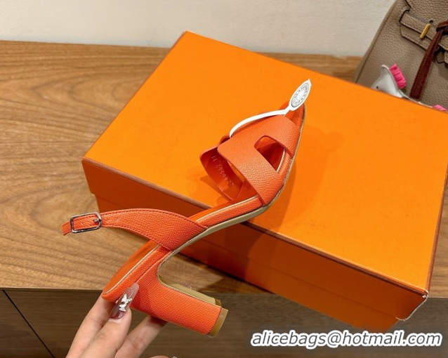 Good Taste Hermes Eremite Heel Sandals 8cm in Grained Leather Orange2 H02275 0820155