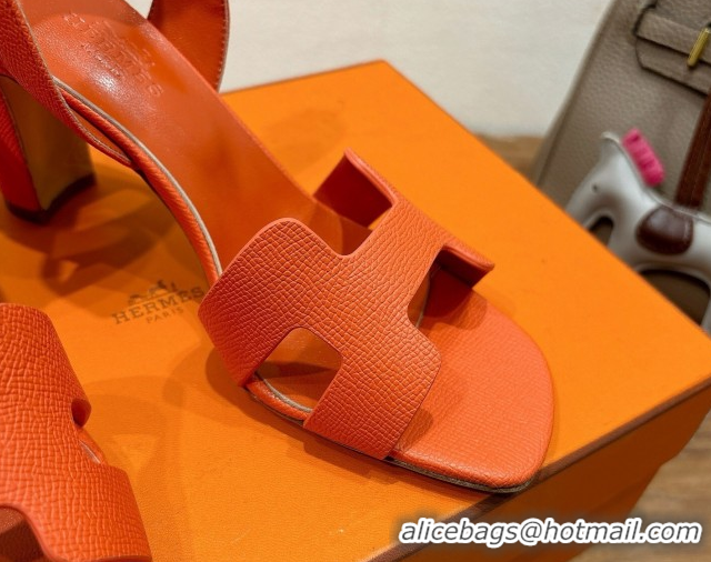 Good Taste Hermes Eremite Heel Sandals 8cm in Grained Leather Orange2 H02275 0820155