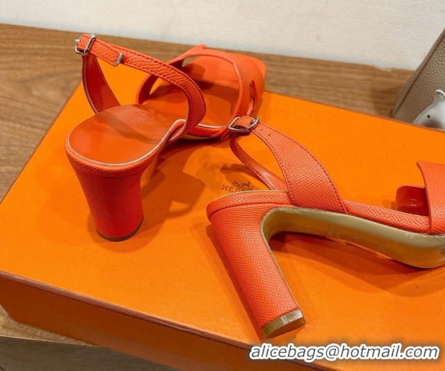 Good Taste Hermes Eremite Heel Sandals 8cm in Grained Leather Orange2 H02275 0820155