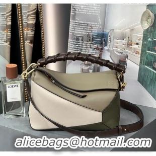 Best Design Loewe Small Puzzle Bag In Nappa Calfskin Leather With Woven Handle 0925 Green/White 2025