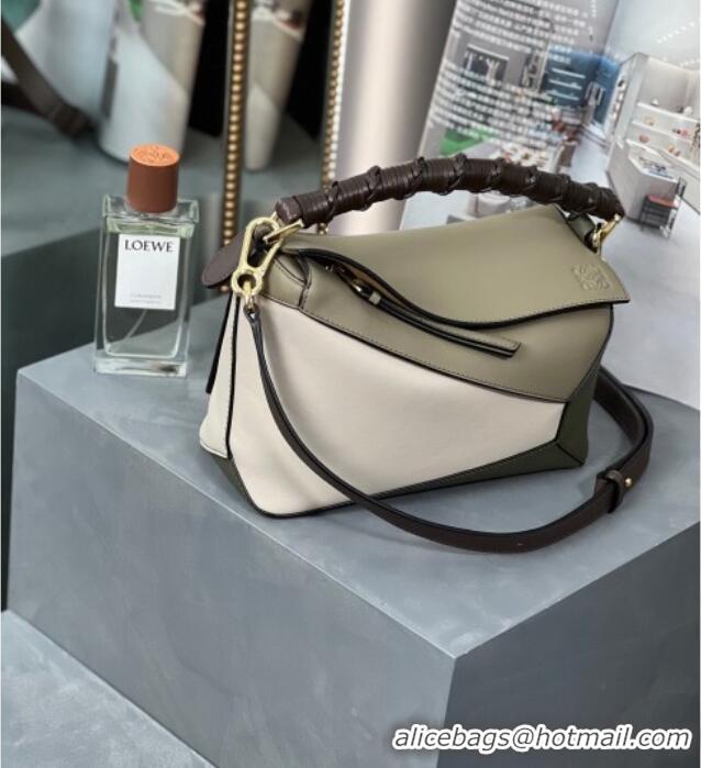 Best Design Loewe Small Puzzle Bag In Nappa Calfskin Leather With Woven Handle 0925 Green/White 2025