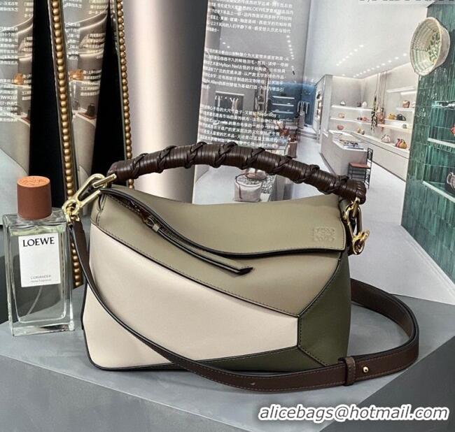 Best Design Loewe Small Puzzle Bag In Nappa Calfskin Leather With Woven Handle 0925 Green/White 2025