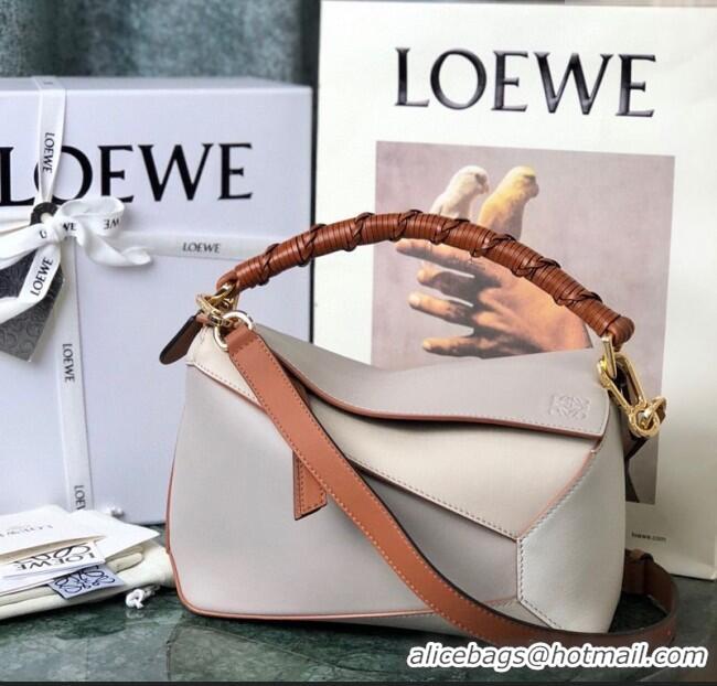 Shop Grade Loewe Small Puzzle Bag In Nappa Calfskin Leather With Woven Handle 0925 Grey/White 2025