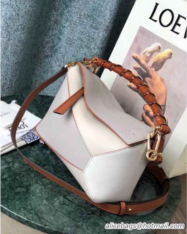 Shop Grade Loewe Small Puzzle Bag In Nappa Calfskin Leather With Woven Handle 0925 Grey/White 2025