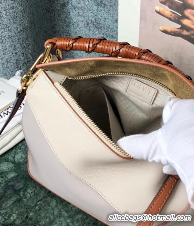 Shop Grade Loewe Small Puzzle Bag In Nappa Calfskin Leather With Woven Handle 0925 Grey/White 2025