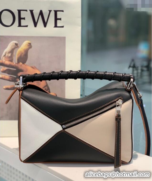 Top Quality Loewe Small Puzzle Bag In Nappa Calfskin Leather With Woven Handle 0925 Black/White 2025