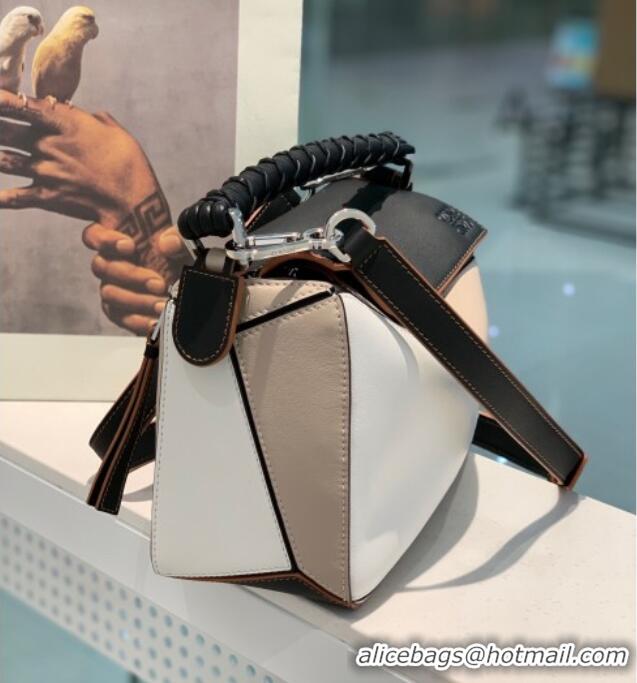 Top Quality Loewe Small Puzzle Bag In Nappa Calfskin Leather With Woven Handle 0925 Black/White 2025