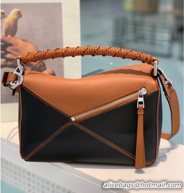 Hot Style Loewe Small Puzzle Bag In Nappa Calfskin Leather With Woven Handle 0925 Black/Brown 2025